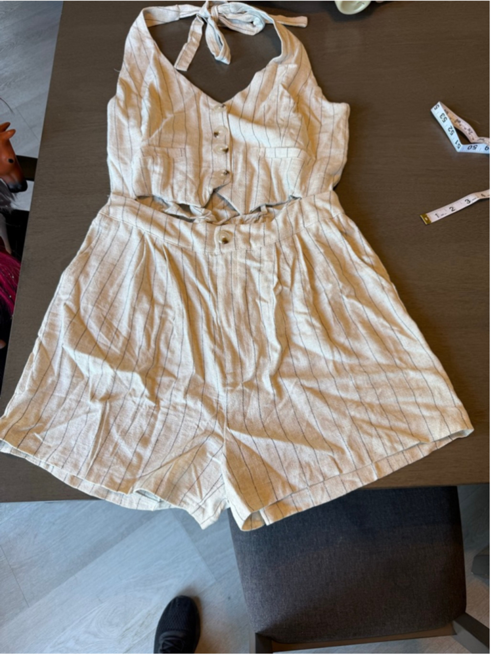 Women's JULIA Beige & Black Striped Halter Romper L